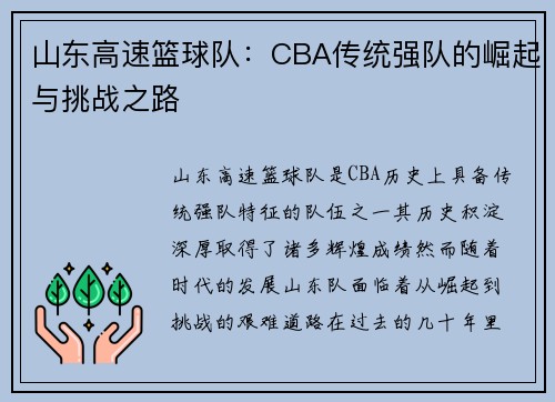 山东高速篮球队：CBA传统强队的崛起与挑战之路
